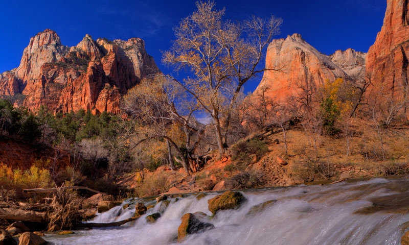 A Waterfall in front of the Sentinel at Zion
